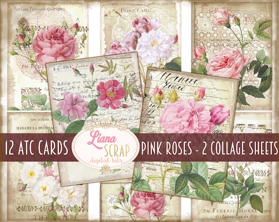 Roses and Lace ATC Cards, Vintage Printable Ephemera (Digital Download)