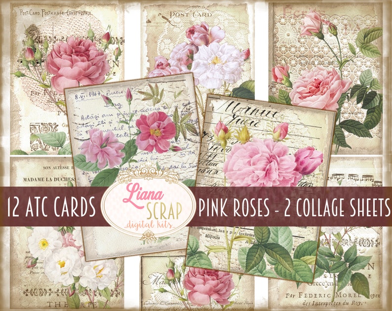 May include: Two digital collage sheets featuring 12 printable ATC cards with pink roses, vintage floral designs, and handwritten text. The text on the sheets reads "12 ATC CARDS", "Liana SCRAP", "PINK ROSES - 2 COLLAGE SHEETS", "digital kits", "SON ALTESSE MADAME LA DUCHESS", "POST-CARD POSTHANIE-CAমাপার", "POST CARD", "Manut", "Astazi am p", "tot", "THE", "Grece en", "Pay FEDERIC MOREL", "des Interprites du Reg", "N", "E".