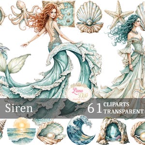 Sirene 61 Digitales Clipart-Set - Ozean, Meerjungfrau, Muschel PNG - transparenter Hintergrund für Handwerk & Design