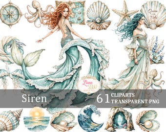 Siren 61 Digital Clipart Set - Ocean, Mermaid, Seashell PNG - Transparent Background for Crafts & Design