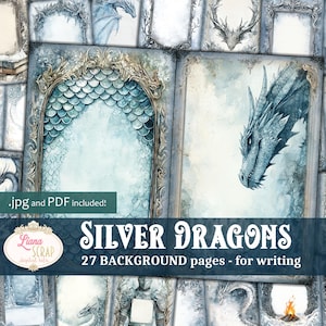 May include: A collage of 27 digital paper backgrounds featuring silver dragons, ornate frames, and icy blue watercolor textures. The text "SILVER DRAGONS" and "27 BACKGROUND pages - for writing" is displayed at the bottom of the image.