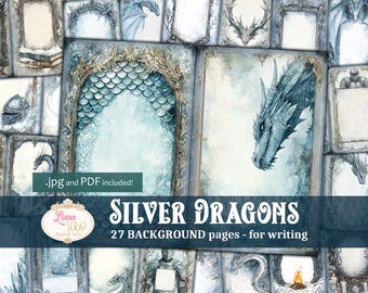 May include: A collage of 27 digital paper backgrounds featuring silver dragons, ornate frames, and icy blue watercolor textures. The text "SILVER DRAGONS" and "27 BACKGROUND pages - for writing" is displayed at the bottom of the image.