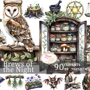 Conjunto de 90 Cliparts de Cervejas da Noite, PNG Transparente, Adesivos para Planejador Digital, Botânicos de Bruxa, Decoração Mágica, Bruxaria de Fantasia. Bruxa Verde