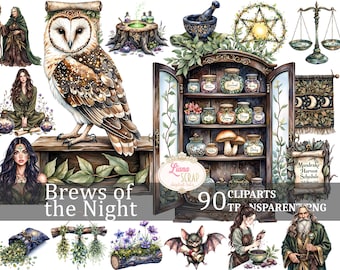 Häxkonst Clipart Set, Nattens Brygder, Botanisk PNG (Digital Nedladdning)