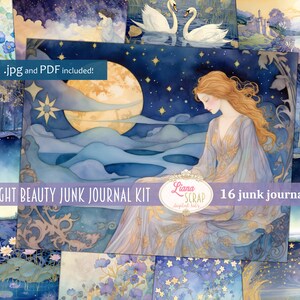 May include: A collection of 16 junk journal pages with a midnight beauty theme. The watercolor illustrations feature a woman, swans, and celestial elements in shades of blue, gold, and white. The text reads "Midnight Beauty Junk Journal Kit".
