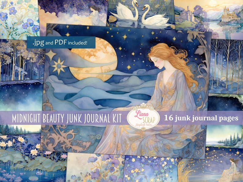 May include: A collection of 16 junk journal pages with a midnight beauty theme. The watercolor illustrations feature a woman, swans, and celestial elements in shades of blue, gold, and white. The text reads "Midnight Beauty Junk Journal Kit".