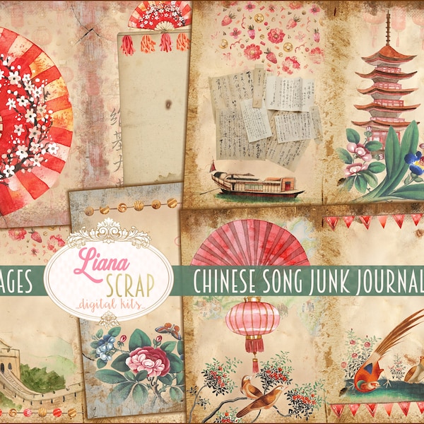 Chinese Song Junk Journal Digital Kit Printable, Chinese Digital Collage Sheets, Asian Junk Journal, Junk Journal Paper