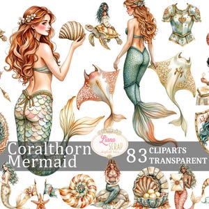 Può includere: Illustrazioni ad acquerello di sirene, creature marine ed elementi acquatici. L'immagine include vari disegni di sirene, uno scudo, una conchiglia e il testo "Coralthorn Mermaid" e "83 Cliparts Transparent PNG". La tavolozza dei colori utilizza blu, verdi e arancioni tenui.