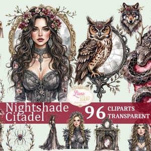 Nightshade Citadel 96 Clipart Set - Arte digitale fantasy, grafica PNG per planner, scrapbooking e design magici