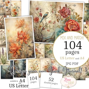 Junk Journal - Mezcla botánica - Tamaño carta de EE. UU. y A4, páginas de mezcla y combinación, papel digital botánico de flores en PDF y JPG imprimibles