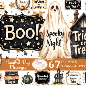 May include: A digital art collection featuring Halloween-themed clip art. Includes a ghost, a haunted house, and various signs with phrases like "Boo!", "Trick or Treat", and "Spooky Night". The color palette includes black, orange, and beige.