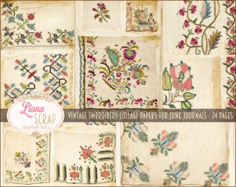 Vintage Embroidery Collage Paper, Junk Journal Printables (24 Sheets)