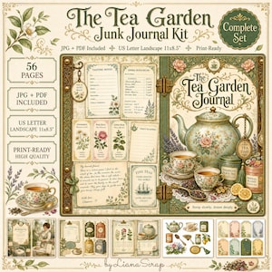 Może przedstawiać: Zestaw The Tea Garden Junk Journal Kit zawiera 56 stron w formatach JPG i PDF, przygotowanych do druku w orientacji poziomej 27,9 x 21,6 cm. Zestaw zawiera ilustracje o tematyce herbacianej, notatki degustacyjne, karty przepisów i etykiety.