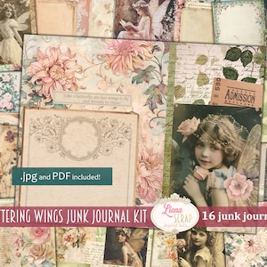 Fladderende vleugels Digital Junk Journal Kit, Fairy Girls and Butterflies decoratieve collage afdrukbaar, Digital Junk Journal vintage papier