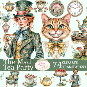 Conjunto de 74 clipart da The Mad Tea Party - Adesivos digitais de Alice no País das Maravilhas, PNG transparente, Bule de chá floral, Planejador, Álbum de recortes, Elementos de design