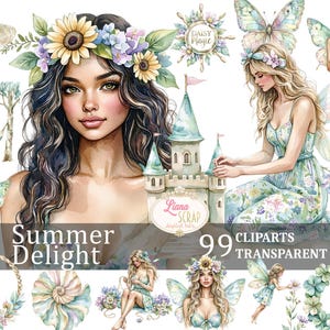 Ensemble de 99 cliparts aquarelle délices d'été - fées, fleurs, animaux, PNG transparents pour l'art numérique et la conception, autocollants pour agenda