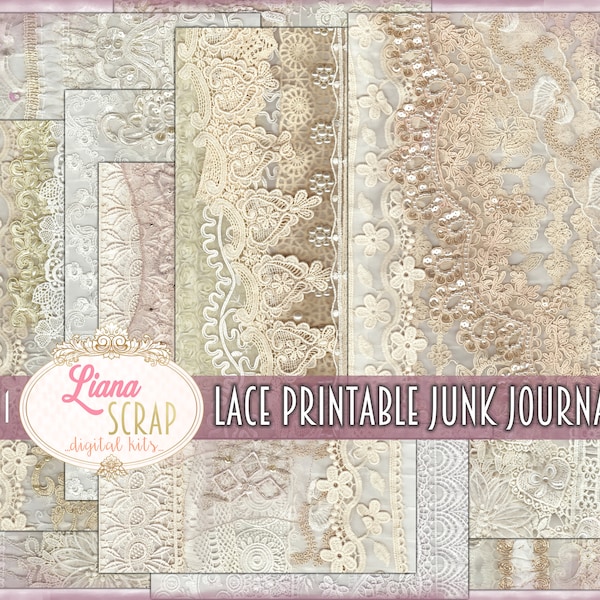 Lace Delight digital paper, digital junk journal kit, vintage lace printable, lace ephemera, Junk Journal Paper