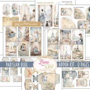 Parijse blauwe digitale junk Journal ADDON Kit, Vintage Collage afdrukbaar, Thee in Parijs Digitale Kit, Vintage Franse Thema Ephemera