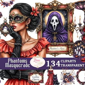 May include: Digital clipart set featuring gothic masquerade illustrations. Includes a woman in a red dress and black gloves, a framed portrait of a figure in a purple hood, and other gothic-themed elements. The text "Phantoms Masquerade" is visible.