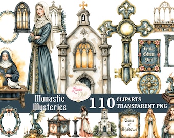 May include: A collection of watercolour clip art featuring religious figures, gothic architecture, crosses, keys, and decorative frames. The text "Monastic Mysteries" and "110 Cliparts Transparent PNG" are visible.