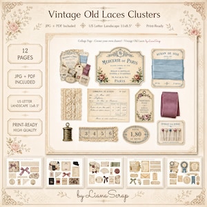 Può includere: Un collage di oggetti effimeri vintage, tra cui etichette, nastri, pizzi e un metro a nastro. Il design presenta accenti floreali e il testo "Vintage Old Laces Clusters" e "US Letter Landscape 28 x 21,6 cm".