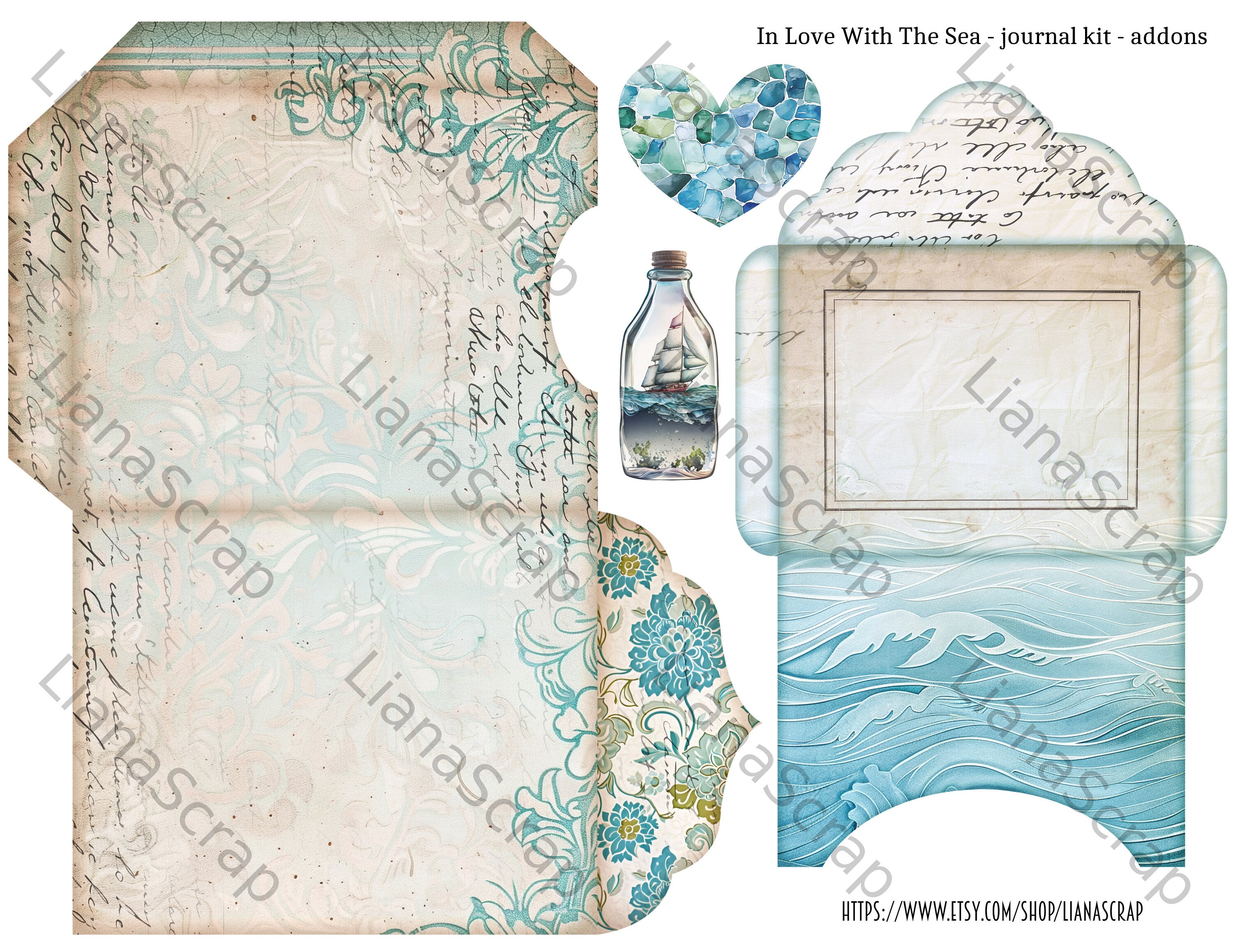 〜海のjunk journal〜ジャンクジャーナル幅17cm 海に恋してデジタルジャンクジャーナルADDON、ビーチコラージュ
