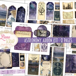 May include: A collection of digital scrapbook pages with an astronomy theme. The pages feature celestial designs, including constellations, planets, and vintage illustrations. The color palette includes shades of purple, blue, and cream. The text "Astronomy Addon Kit - 8 Pages" is visible.