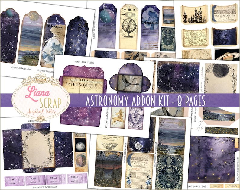 May include: A collection of digital scrapbook pages with an astronomy theme. The pages feature celestial designs, including constellations, planets, and vintage illustrations. The color palette includes shades of purple, blue, and cream. The text "Astronomy Addon Kit - 8 Pages" is visible.