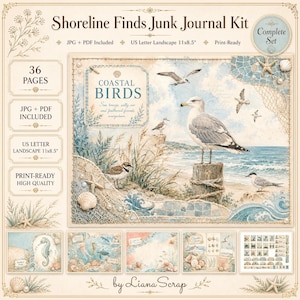 May include: A complete junk journal kit titled "Shoreline Finds" with a coastal theme. The design features seagulls, seashells, and the text "Coastal Birds." Includes 36 pages, JPG and PDF files, and is print-ready. The kit is US Letter Landscape 27.9 x 21.6 cm.