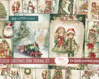 Classic Christmas Junk Journal Kit, Christmas Collage Printable, Digital Christmas Kit, Classic Red and Green Vintage Christmas Paper