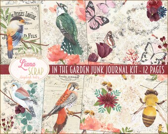 Kit Garden Junk Journal, collage floreale con farfalle (download digitale)