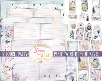 Pastel Winter Essentials Junk Journal Kit, Winter Collage Printables, Digital Winter Kit with lined paper and backgrounds