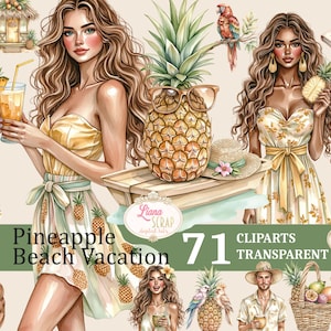 May include: Watercolor digital art featuring a tropical theme. The image includes illustrations of women in summer dresses, pineapples, cocktails, and beach accessories. The text "Pineapple Beach Vacation" and "71 Cliparts Transparent PNG" is also visible.