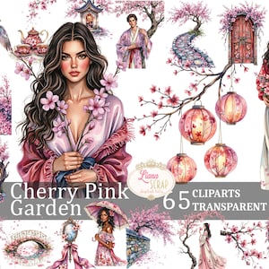 Images clipart jardin rose cerise, Floral PNG, papier numérique, fleurs de printemps, illustrations à l'aquarelle, fleurs de cerisier, asiatique, agenda