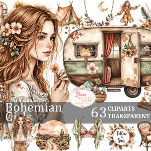 Set di 63 clipart digitali PNG di Boho Girls, donne Boho, illustrazioni floreali, camper, sfondo trasparente, design clipart per planner