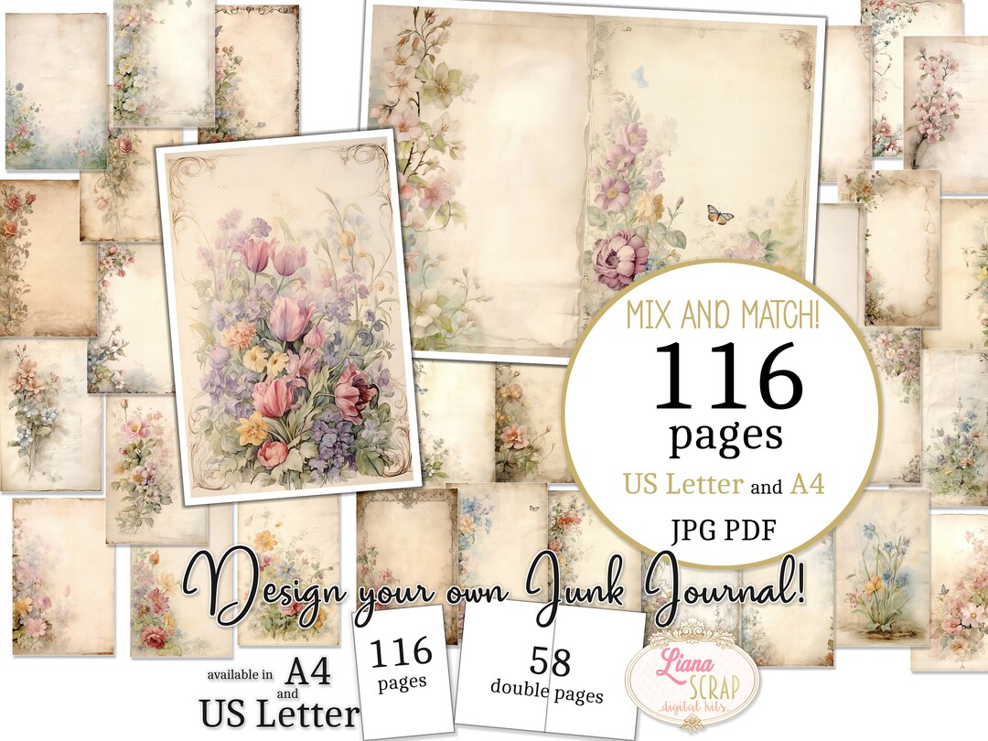 Botanical Vintage Junk Journal Pages – Spring Flowers, US Letter and A4 ...
