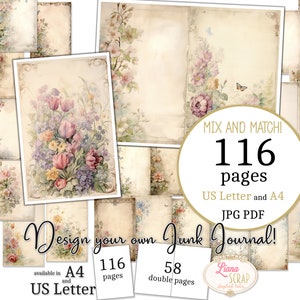 Junk Journal - Vintage Spring - Formato US Letter e A4, Pagine Mix and Match, Pagine vintage botaniche Carta digitale PDF e JPG