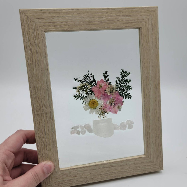 Flowers in Glass Frame Pressed Flowers handmade Gift for her Flower Sea Glass Art Dried Flowers