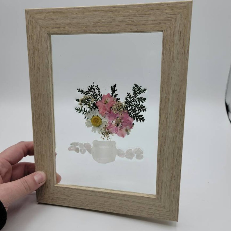 Flowers in Glass Frame Pressed Flowers handmade Gift for her Flower Sea Glass Art Dried Flowers
