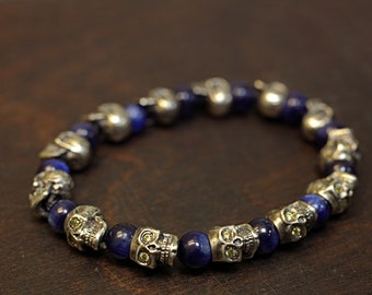 Men's Beaded Bracelet Natural Sapphire and Kyanite Gemstone Handmade Silver Skulls with Sapphire & Yellow Zircons in Eyes Best Gift for Him