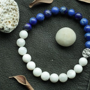 Mens Bracelet with Natural Genuine Lapis Lazuli & Moonstone Gemstones Chrome and Cobalt Alloy Bead European Brand Perfect Gift for Him