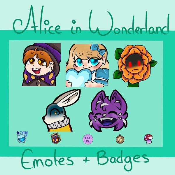 Alice in Wonderland Twitch Discord emotes and badges, Mad hatter, Alice, Judgemental flower, Scared white rabbit, Cheshire cat Bundle