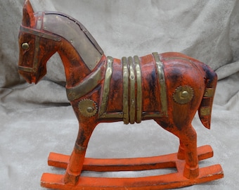 Vintage Hand Carved Red Wood Rocking Horse with Metal Accent – Toy Miniature