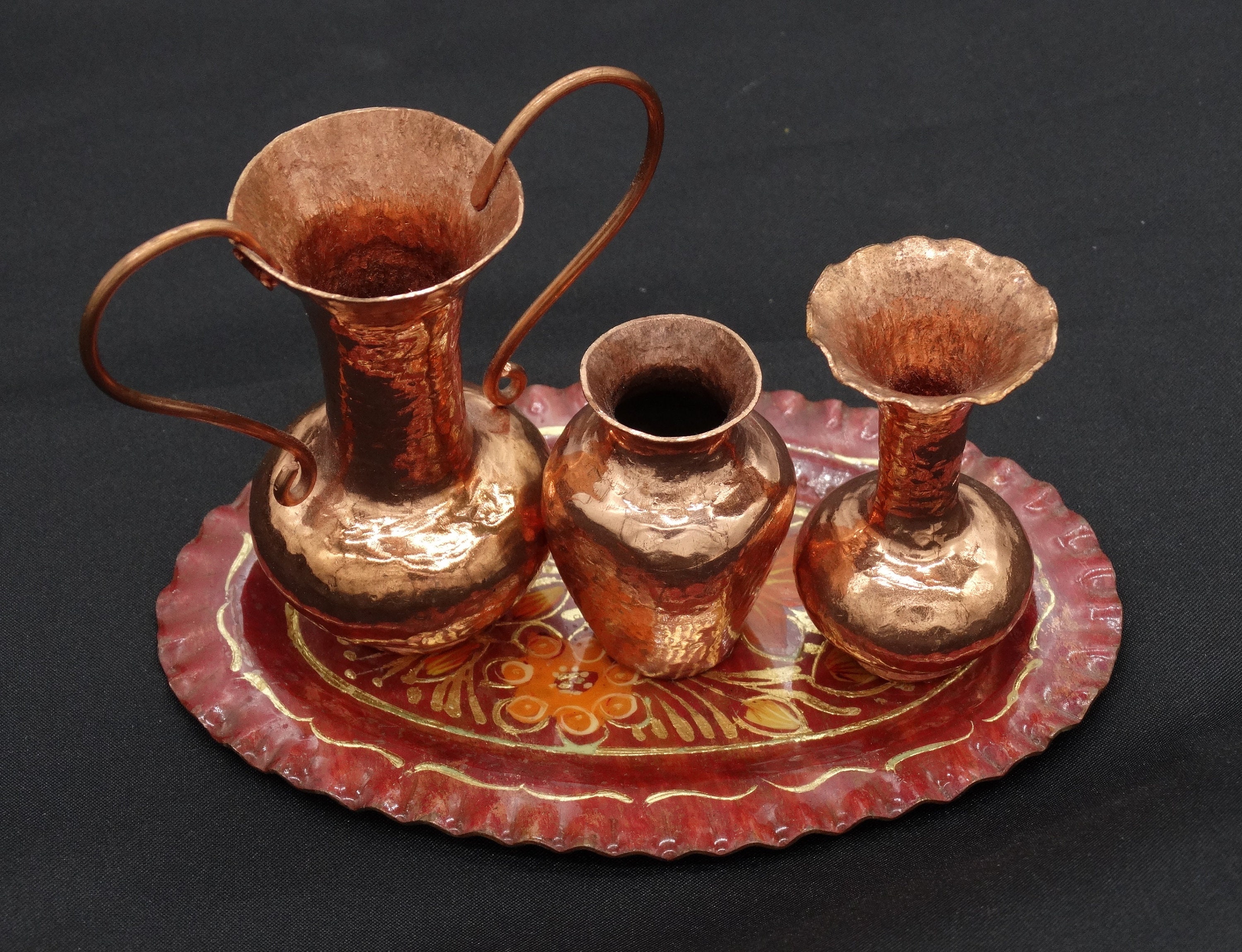 Miniature Hand Hammered Copper Vases Set of 3 on Hand Painted Floral Tray