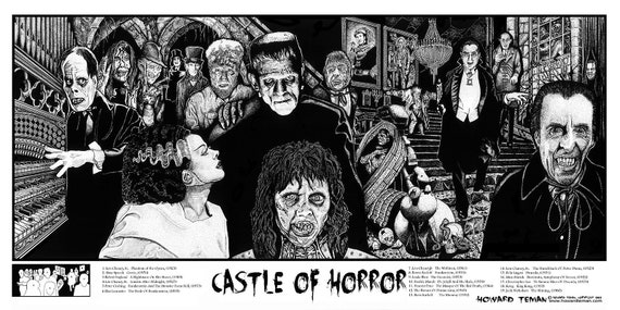 ビンテージ90s CASTLE OF HORROR ホラーポスター　フランケン他 Castle of Horror a Drawing by Howard Teman, Horror Movie Poster