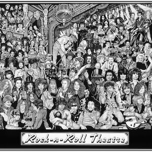 Teatro Rock n Roll, dibujo de Howard Teman, arte de pared de Rock and Roll, cartel de música vintage, cartel de música, arte de pared, cartel de Rock n Roll, arte de pared