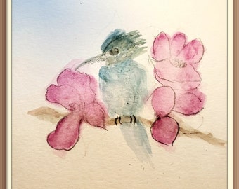 Kingfisher and Pink Flowers