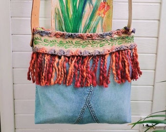 Hippie Goa handbag jeans upcycling unique fringe leather strap