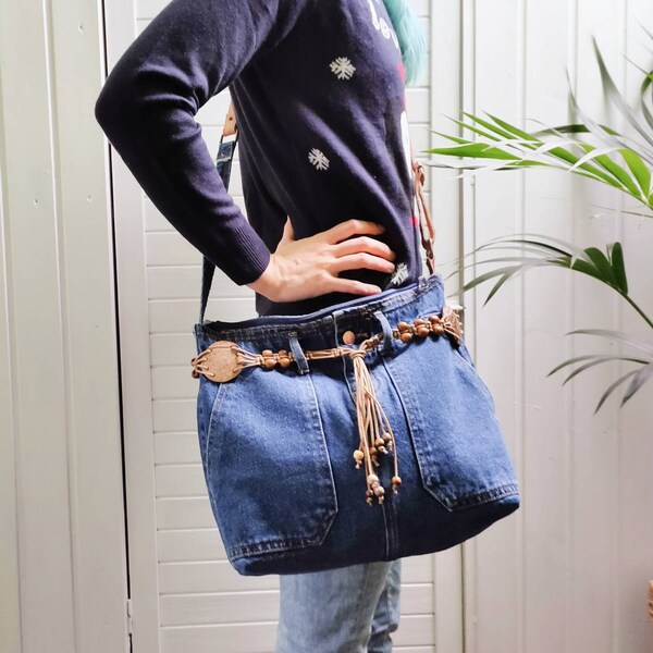 Jeanstasche Handtasche Makramee Upcycling Unikat