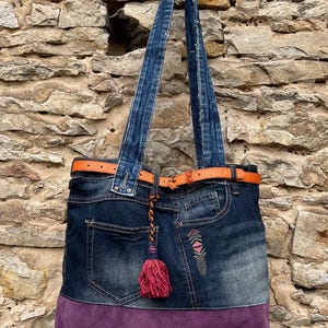 Jeanstasche groß Umhängetasche Leder Upcycling Unikat